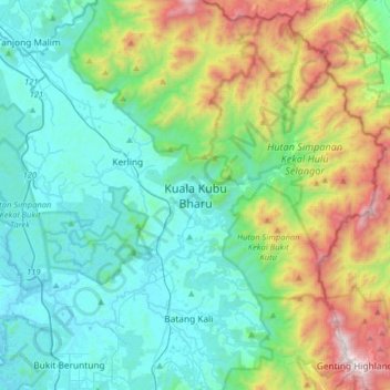 Carte topographique Kuala Kubu Bharu, altitude, relief