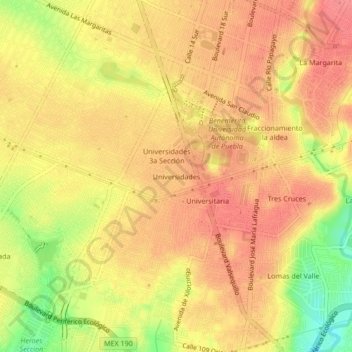 Carte topographique Universidades, altitude, relief