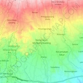 Carte topographique Kecamatan Montong Gading, altitude, relief