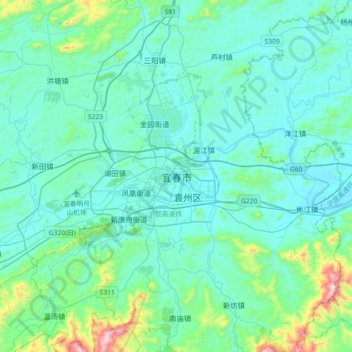Carte topographique Yichun, altitude, relief