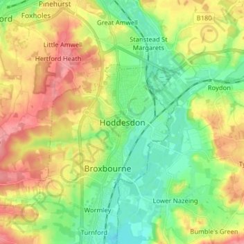 Carte topographique Hoddesdon, altitude, relief
