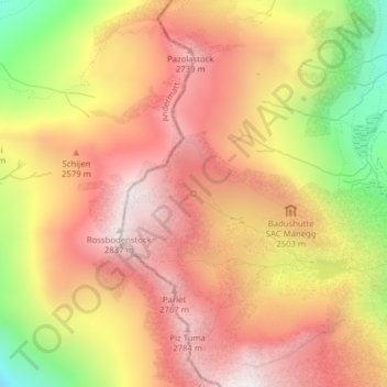 Carte topographique Source du Rhin, altitude, relief