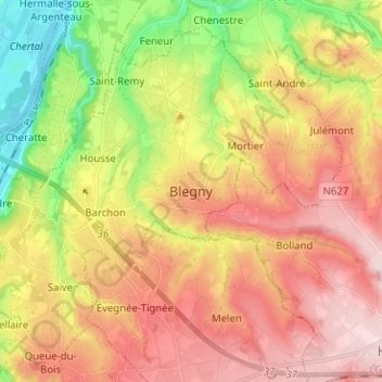 Carte topographique Blegny, altitude, relief