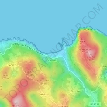 Carte topographique Playa de Laga, altitude, relief