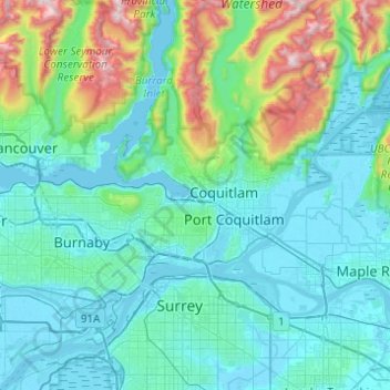 Carte topographique Port Moody, altitude, relief