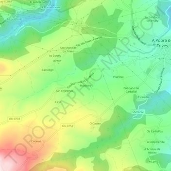 Carte topographique Mosteiro, altitude, relief