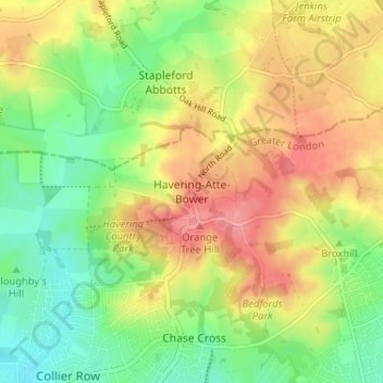 Carte topographique Havering-Atte-Bower, altitude, relief