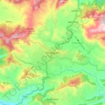 Carte topographique Pithoragarh, altitude, relief