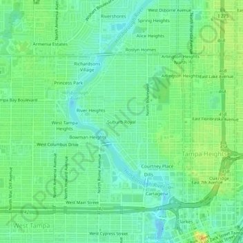 Carte topographique Suburb Royal, altitude, relief