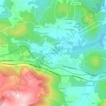 Carte topographique Os Carballás, altitude, relief
