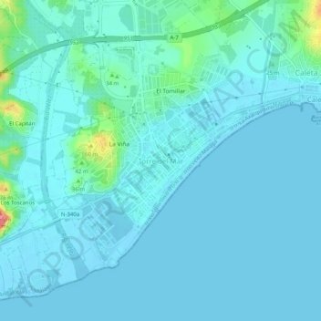 Carte topographique Torre del Mar, altitude, relief