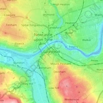 Carte topographique Gateshead, altitude, relief
