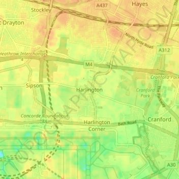 Carte topographique Harlington, altitude, relief