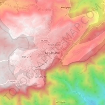 Carte topographique Kodaikanal, altitude, relief