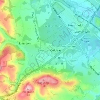 Carte topographique Liverton Coldeast, altitude, relief