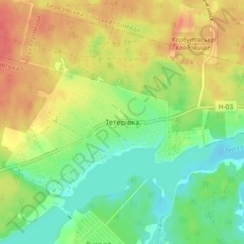 Carte topographique Teterivka, altitude, relief