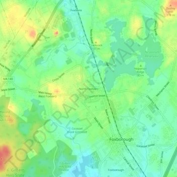 Carte topographique North Foxboro, altitude, relief