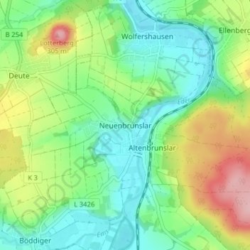 Carte topographique Neuenbrunslar, altitude, relief