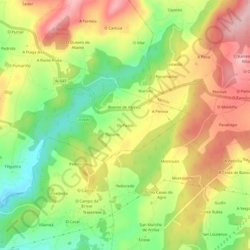 Carte topographique Os Pazos, altitude, relief