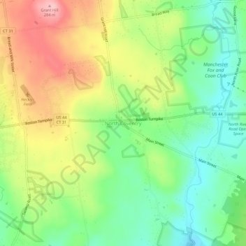 Carte topographique North Coventry, altitude, relief