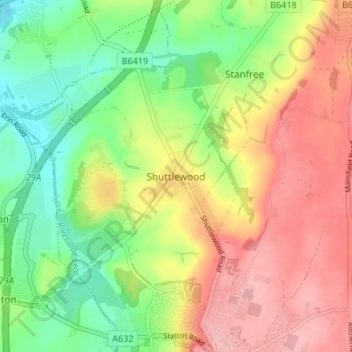 Carte topographique Shuttlewood, altitude, relief