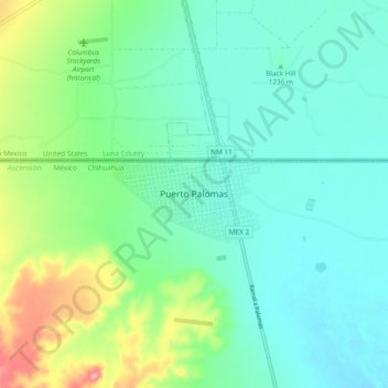 Carte topographique Puerto Palomas, altitude, relief