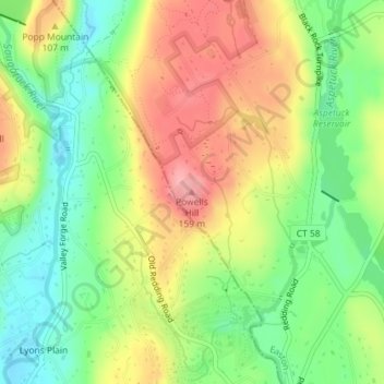 Carte topographique Powells Hill, altitude, relief