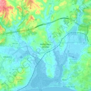 Carte topographique Mexilhoeira Grande, altitude, relief
