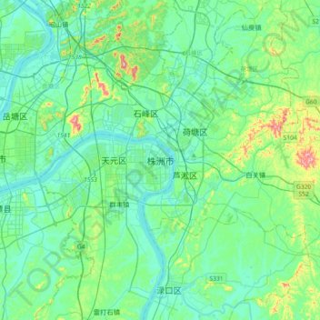 Carte topographique Zhuzhou, altitude, relief