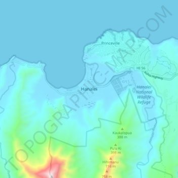 Carte topographique Hanalei, altitude, relief