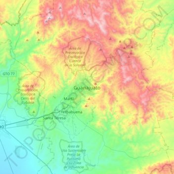 Carte topographique Guanajuato, altitude, relief