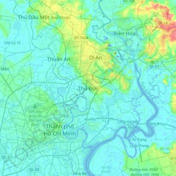 Carte topographique Ville de Thu Duc, altitude, relief