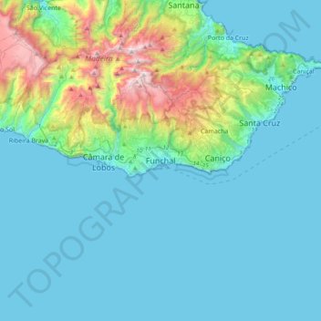 Carte topographique Funchal, altitude, relief
