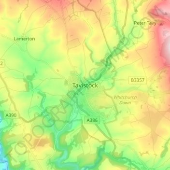 Carte topographique Tavistock, altitude, relief