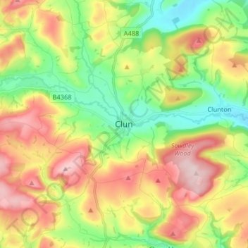 Carte topographique Clun, altitude, relief