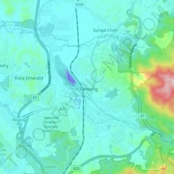 Carte topographique Rawang, altitude, relief
