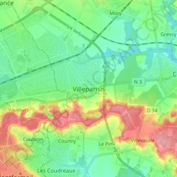 Carte topographique Villeparisis, altitude, relief