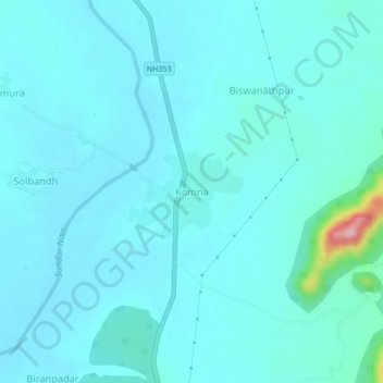 Carte topographique Komna, altitude, relief