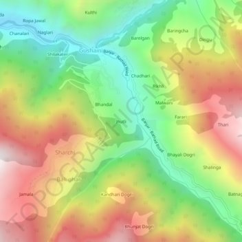 Carte topographique Jhutli, altitude, relief