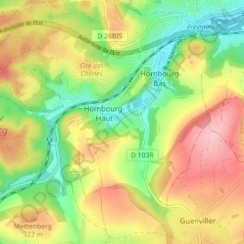 Carte topographique Hellering, altitude, relief