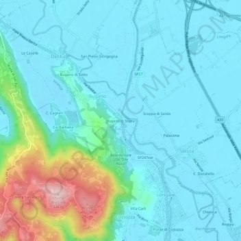 Carte topographique Bugano di Sopra, altitude, relief