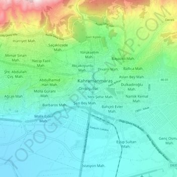 Carte topographique Onikişubat, altitude, relief