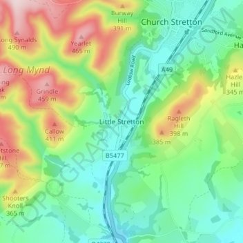 Carte topographique Little Stretton, altitude, relief