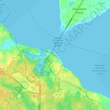 Carte topographique Yorktown, altitude, relief