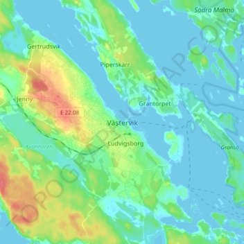 Carte topographique Västervik, altitude, relief