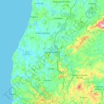 Carte topographique Torres Vedras, altitude, relief