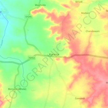 Carte topographique Karanja, altitude, relief