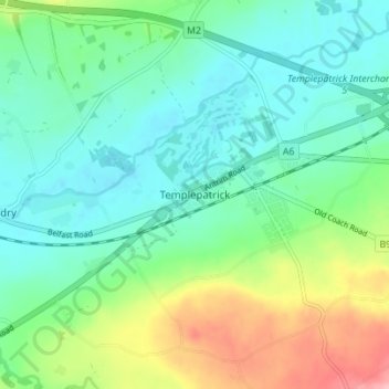 Carte topographique Templepatrick, altitude, relief