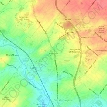 Carte topographique Willowmere, altitude, relief