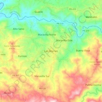 Carte topographique Las Marías, altitude, relief